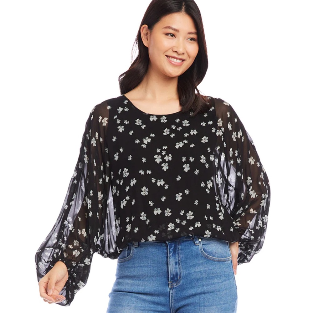 Karen Kane Lantern Sleeve Floral Blouse Navy Blue Spring Summer  NWT Size M #152